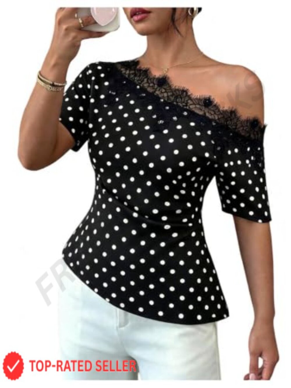 Women's Polka Dots Off Shoulder Lace Short Sleeve Asymmetrical Blouse